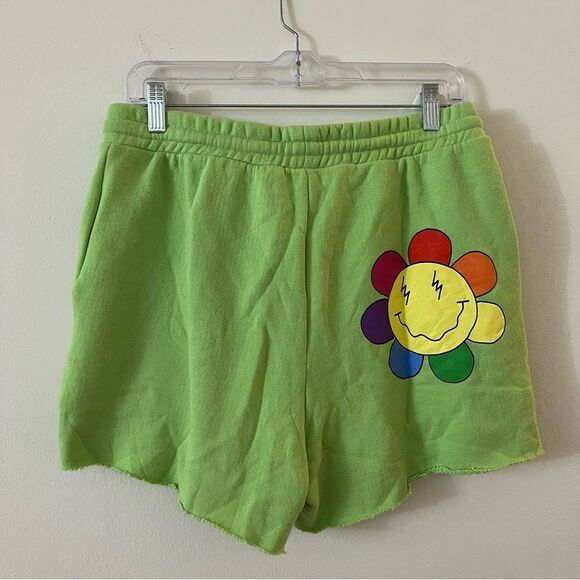 Chaser Smiley Daisy Lime Green Drawstring Terry Raw Hem Shorts medium NWT - Picture 9 of 15
